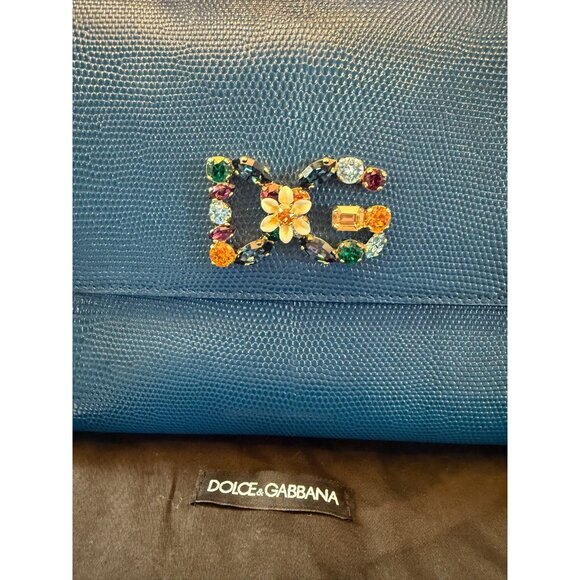 Dolce & Gabbana Blue Iguana Embossed Leather Crystal DG Logo Medium Miss Sicily - Picture 2 of 8